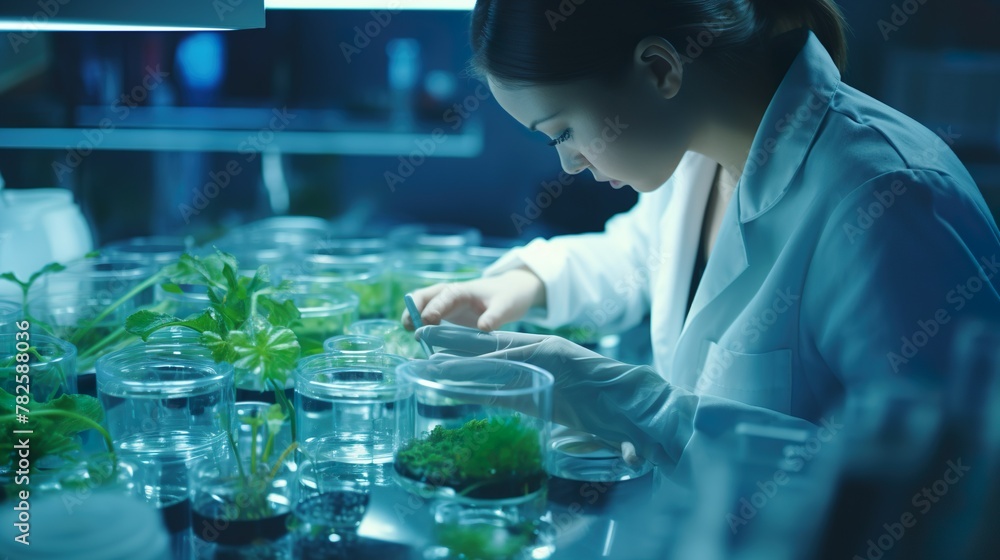 Professional amidst lab environment, meticulously working on plant genetics research, highlighting scientific dedication Professional amidst lab environment, meticulously working on plant genetics research, highlighting scientific dedication