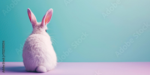 A white rabbit sitting on a blue and purple background. Generative AI. photo
