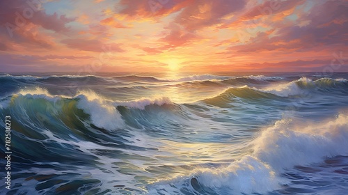 A breathtaking sunrise emerges, casting its glow on the powerful, surging waves of the open ocean