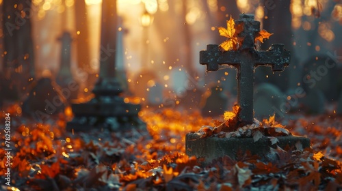A cemetery with leaves and a cross in the middle. Generative AI.