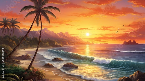 A serene sunset view with waves gently crashing on a tropical beach, with palm trees swaying in the gentle breeze © Damerfie