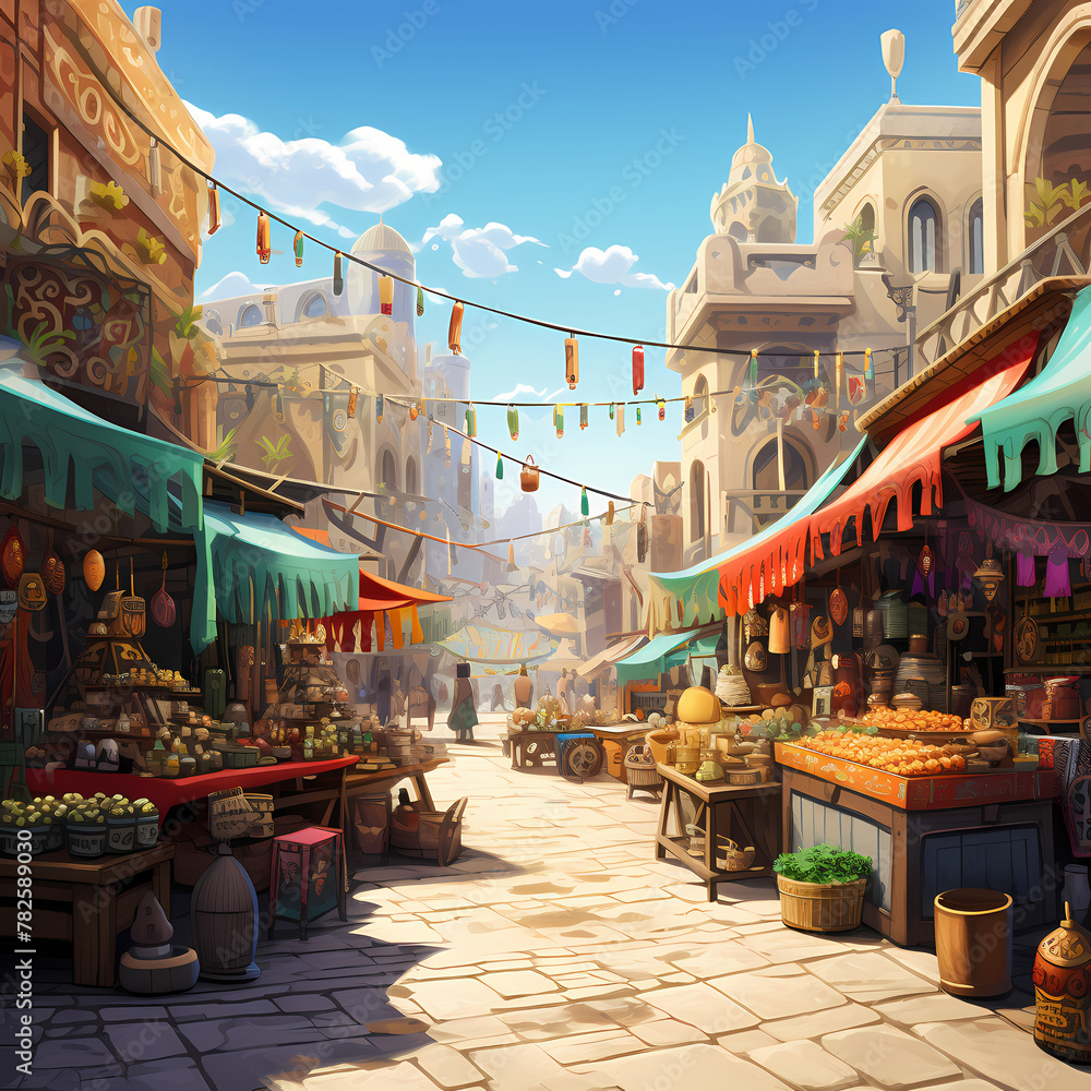 Colorful street market with various stalls.