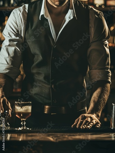 Portrait of a well-dressed bartender's torso who as he is serving a drink
