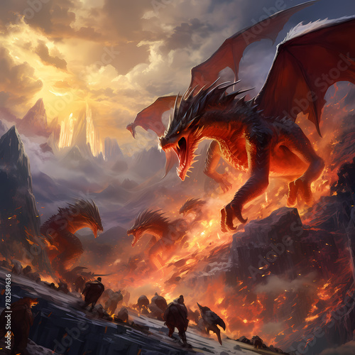 Fire-breathing dragons in a mountainous landscape. 