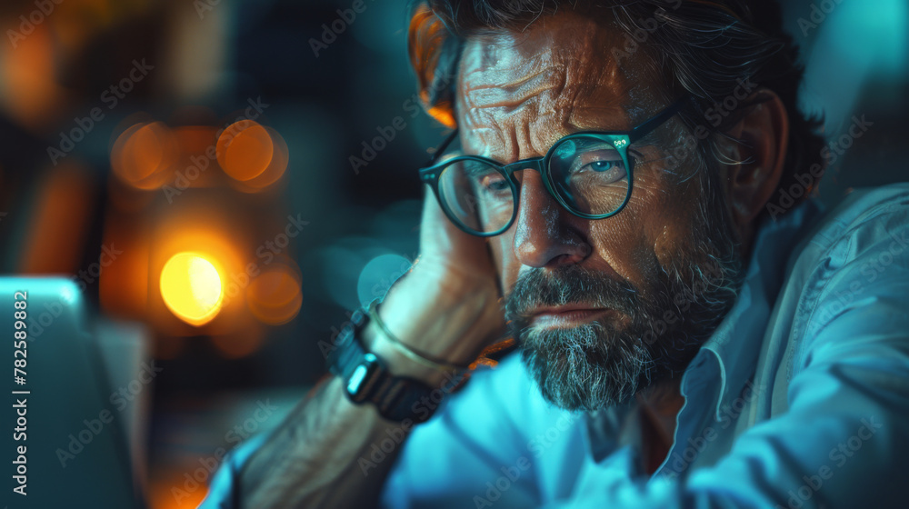 Stressed Businessman with Laptop having Headache in Office Stressed Businessman with Laptop having Headache in Office