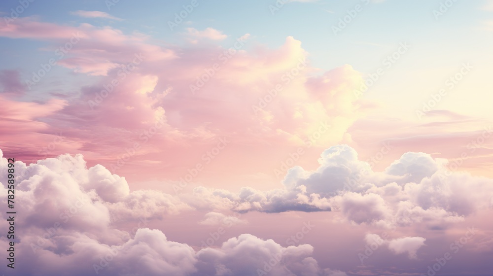 Tranquil and picturesque view of a sky filled with pink-hued clouds around sunset time, invoking feelings of romance and serenity Tranquil and picturesque view of a sky filled with pink-hued clouds around sunset time, invoking feelings of romance and serenity