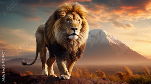 A magnificent lion stands proudly with a backdrop of a majestic snow-capped mountain, depicting power and wilderness