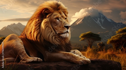 A powerful lion is featured surveying its territory from a high vantage point against a backdrop of African mountains