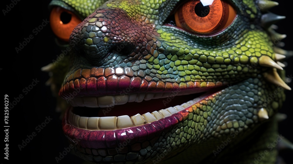 A striking close-up shot highlighting the intricate scale details and fierce orange eyes of a fantasy dragon creature A striking close-up shot highlighting the intricate scale details and fierce orange eyes of a fantasy dragon creature