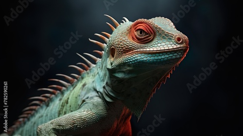Stunning portrait of a blue crested iguana with intricate scales and a captivating gaze © Damerfie