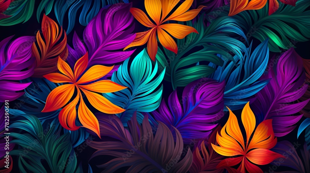 Vibrant digital illustration of a dense pattern of tropical leaves in multiple vivid colors Vibrant digital illustration of a dense pattern of tropical leaves in multiple vivid colors