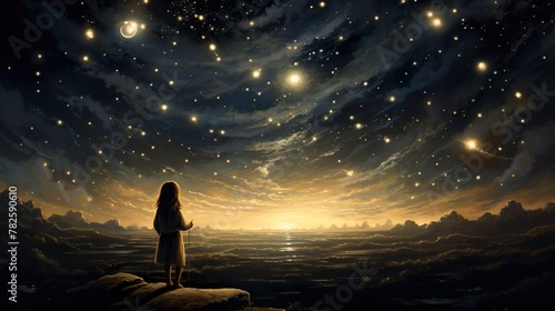 An evocative image of a young girl standing on a rock, marveling at a surreal dawn galaxy with stars and clouds photo
