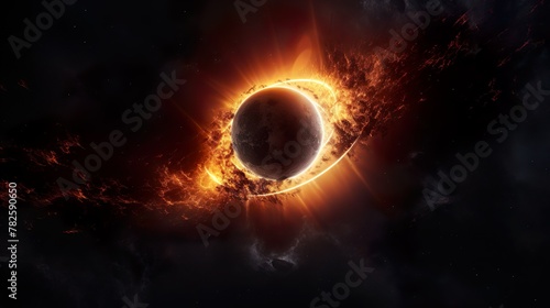 A stunning visual depicting an astronomical solar eclipse with vivid solar flares around the shadowed moon