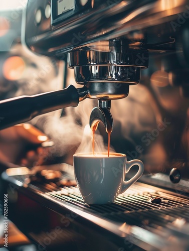 Espresso machine pouring espresso, close-up.