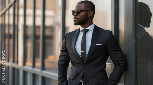 With his commanding posture and sharp black suit this black man embodies the timeless and refined style of the corporate world his monochrome look emitting an aura of success and ambition. .