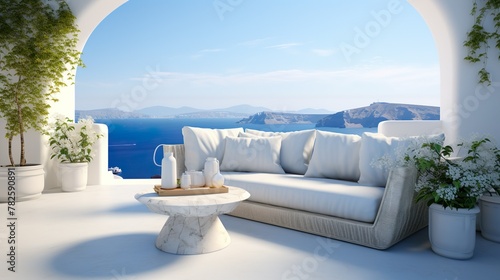 Pristine white luxury sofa perfectly poised in a modern villa with a stunning ocean view sector photo