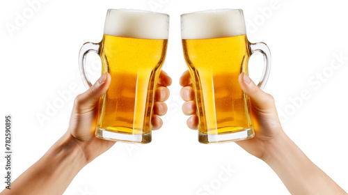 friends toasting glass of beer in hand PNG isolated on white and transparent background - drinking and toasting cold beer  - beer drink advertising concept photo