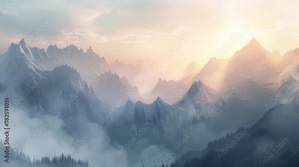 Image of a silver sunrise illuminating the misty mountains. The soft gradients and ethereal atmosphere can inspire breathtaking digital art pieces.