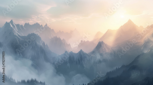 Image of a silver sunrise illuminating the misty mountains. The soft gradients and ethereal atmosphere can inspire breathtaking digital art pieces. © Mosaic Media