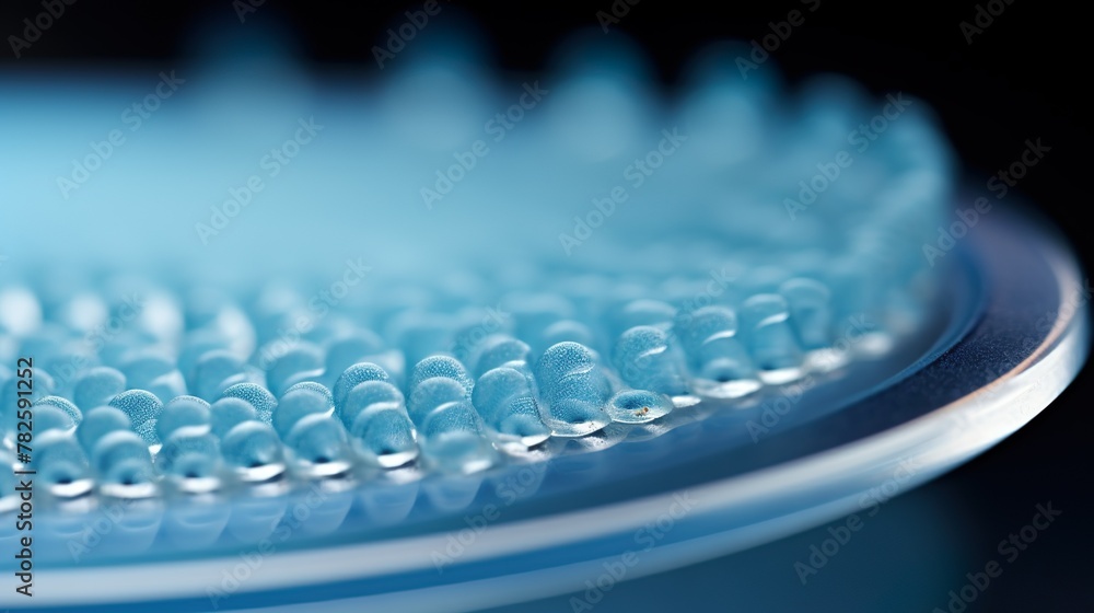 Clear bubble-like textures are meticulously captured against a blue gradient background, reflecting light and shadow Clear bubble-like textures are meticulously captured against a blue gradient background, reflecting light and shadow