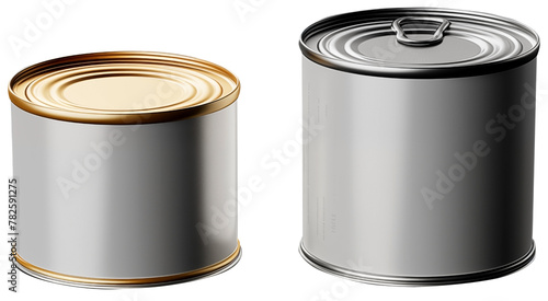 set of Food tin aluminum grey can PNG isolated on white and transparent background - Food cylinder metal can container mockup food packaging and storage template 