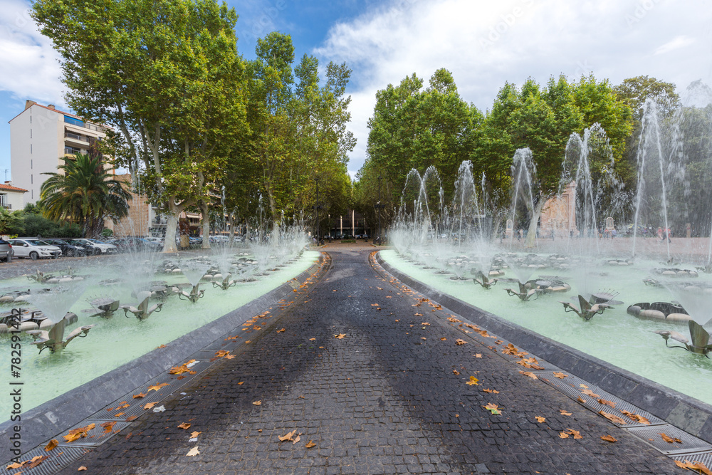 One of the squares with the fountains in Perpignan - France