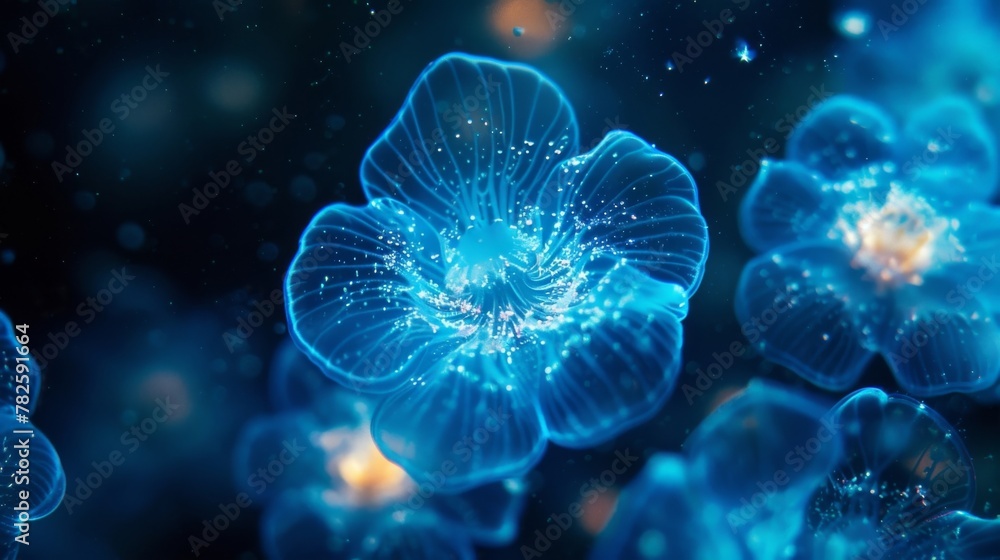A microscopic shot of a bioluminescent dinoflagellate species with their glowing bodies in a plankton bloom mimicking the ling lights A microscopic shot of a bioluminescent dinoflagellate species with their glowing bodies in a plankton bloom mimicking the ling lights
