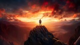 Standing atop a rugged peak, a solitary figure is enveloped by the sweeping grandeur of a fiery sunset and vast valley below