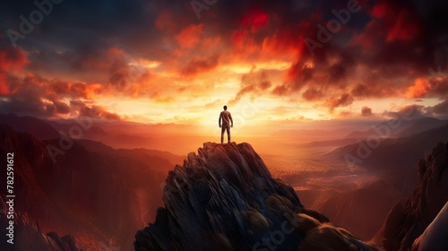 Standing atop a rugged peak, a solitary figure is enveloped by the sweeping grandeur of a fiery sunset and vast valley below