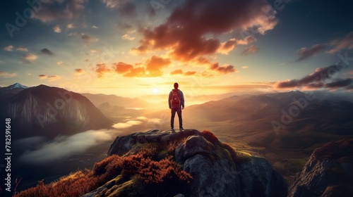 A lone hiker stands contemplative on a summit, beholding the resplendent sunrise over a sprawling mountain landscape photo