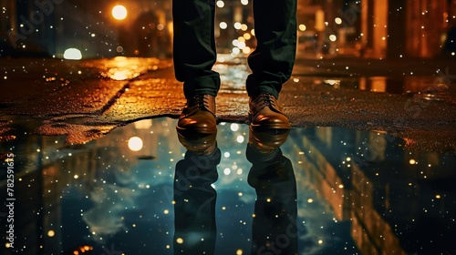 Glowing city lights and stunning night sky reflect on the glossy street as a person walks away photo