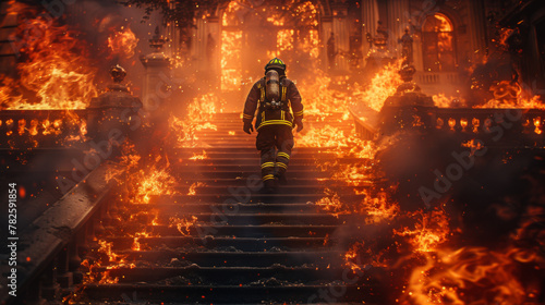 Strong and brave Firefighter Going Up The Stairs in Burning Building. Stairs Burn With Open Flames. photo