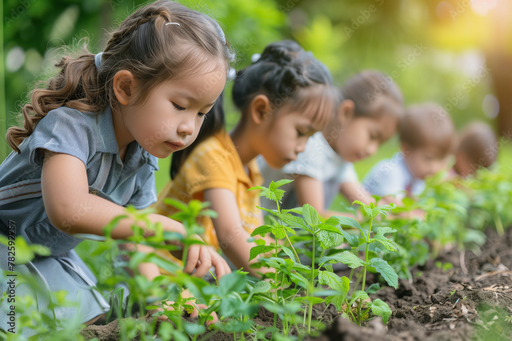 a group of children from different backgrounds work together in a school garden, teamwork and learning about growing plants and caring for the environment. a group of children from different backgrounds work together in a school garden, teamwork and learning about growing plants and caring for the environment.