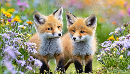 Jeunes renards dans un champ de fleurs colorées photo