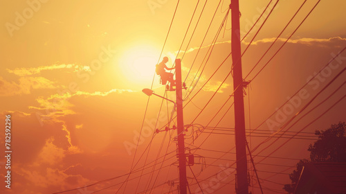 workers climb electricity poles on sunset