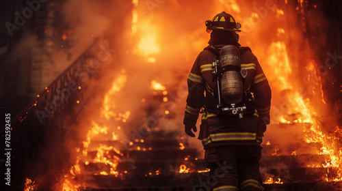 Strong and brave Firefighter Going Up The Stairs in Burning Building. Stairs Burn With Open Flames. photo