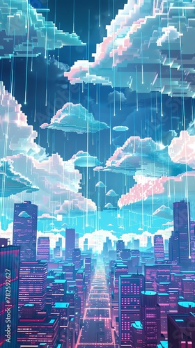 A futuristic interpretation of cloud computing in a pixel art style  showcasing a vast network of interconnected data clouds hovering above a vibrant cityscape