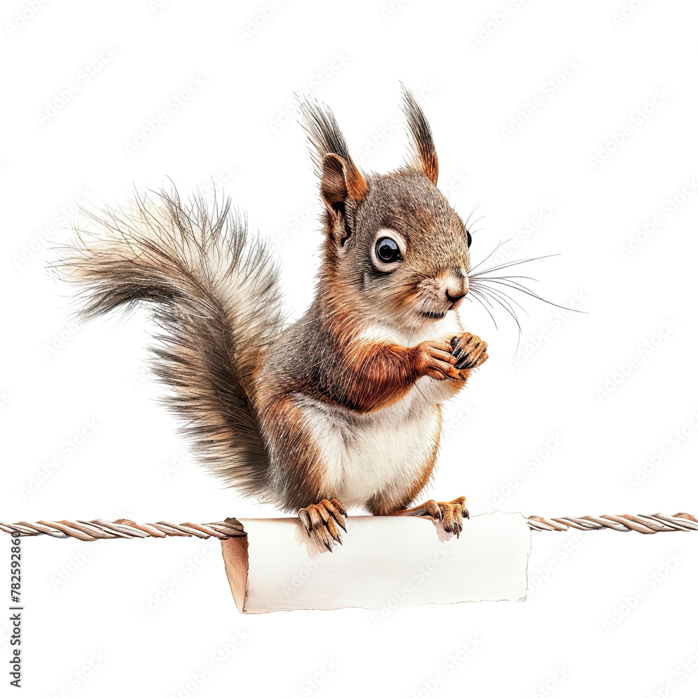 Fototapeta premium Playful squirrel balances on a bookmark as a tightrope, nibbling on food, isolated on transparent background.