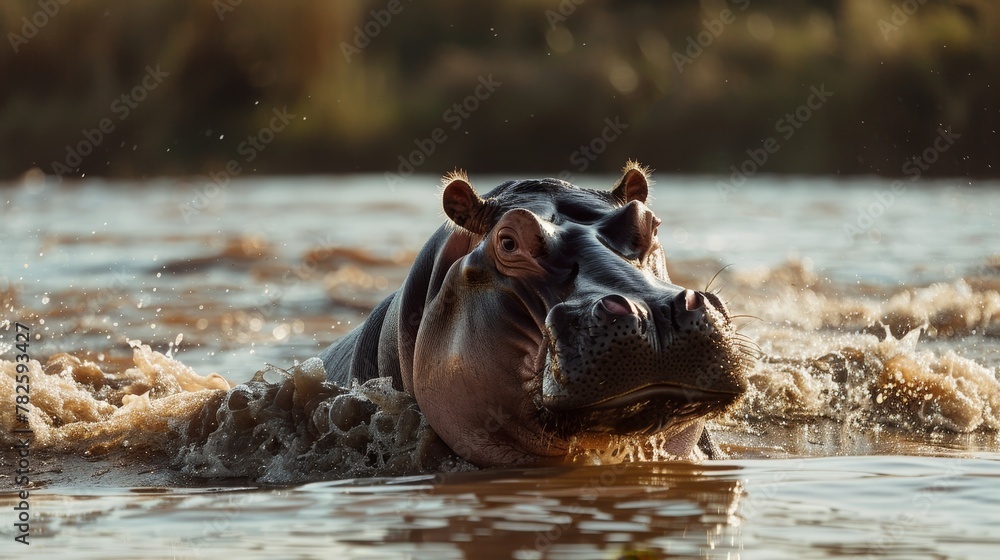 Fototapeta premium A chubby hippo enjoying a leisurely swim in a cool river its massive form moving gracefully through the water AI generated illustration