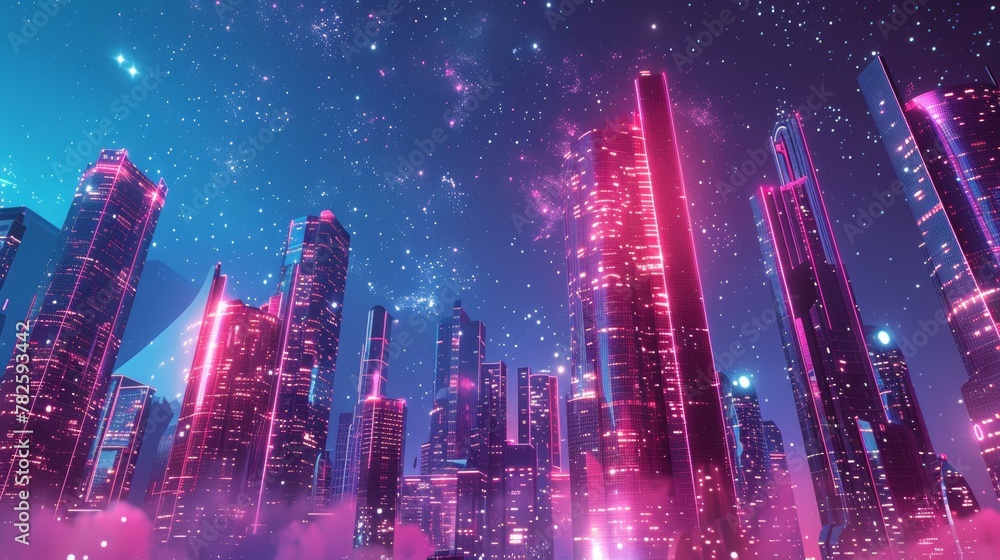 A cityscape of towering skyscrapers on a high-tech alien planet glowing with neon lights AI generated illustration A cityscape of towering skyscrapers on a high-tech alien planet glowing with neon lights AI generated illustration