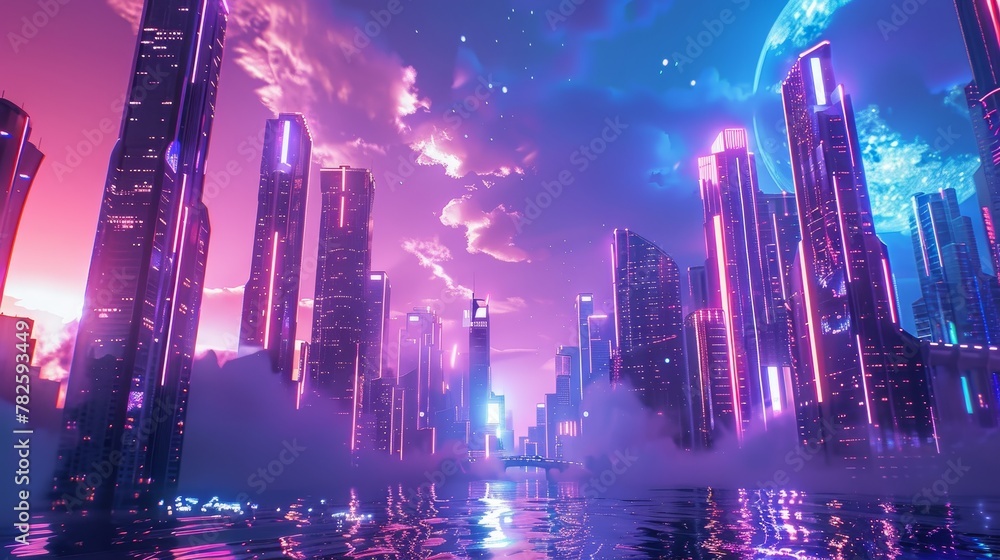 A cityscape of towering skyscrapers on a high-tech alien planet glowing with neon lights   AI generated illustration