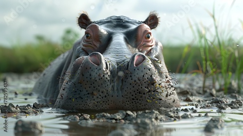 A chubby hippo wallowing in the mud brought to life in stunning D animation   AI generated illustration photo