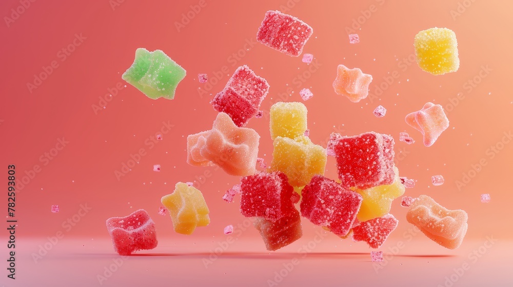 A cluster of sour gummy candies in a medley of colors d style isolated flying objects memphis style d render AI generated illustration A cluster of sour gummy candies in a medley of colors d style isolated flying objects memphis style d render AI generated illustration