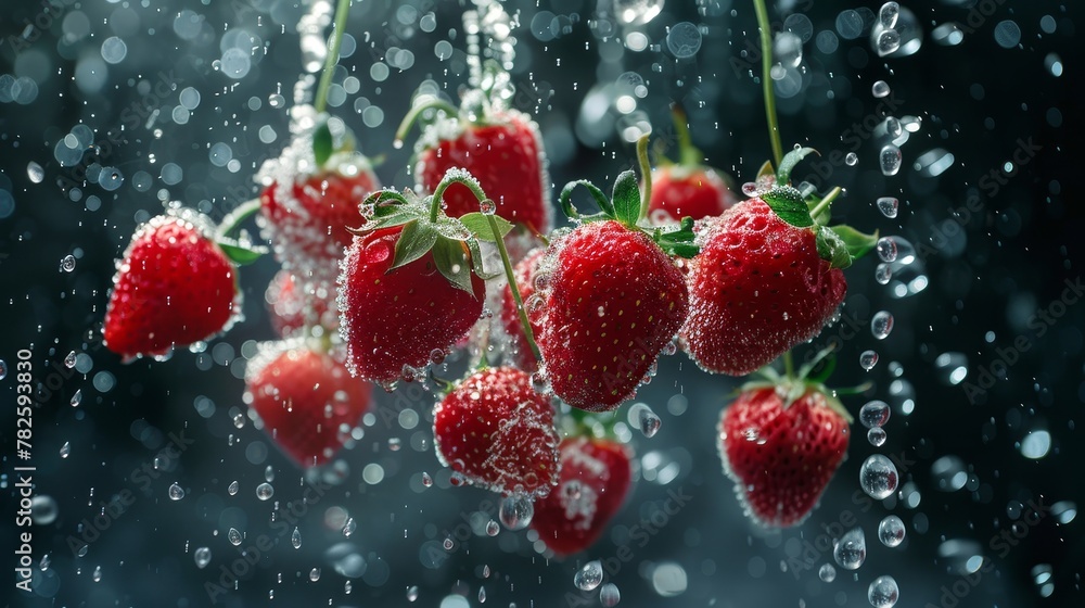 A cluster of strawberries suspended in mid-air surrounded by ice and water droplets AI generated illustration A cluster of strawberries suspended in mid-air surrounded by ice and water droplets AI generated illustration