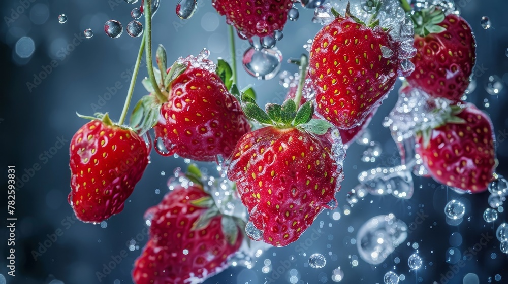 A cluster of strawberries suspended in mid-air surrounded by ice and water droplets AI generated illustration A cluster of strawberries suspended in mid-air surrounded by ice and water droplets AI generated illustration