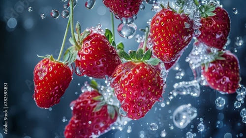 A cluster of strawberries suspended in mid-air surrounded by ice and water droplets AI generated illustration