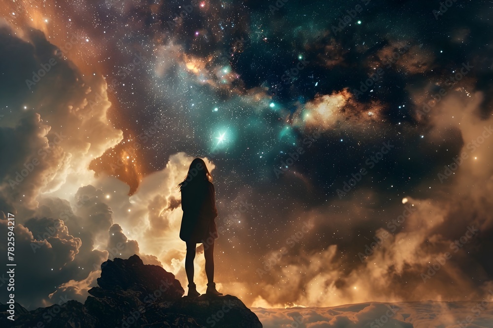 A woman stands on a rocky hill, looking up at the sky. The sky is filled with stars and clouds, creating a sense of wonder and awe. The woman's gaze is focused on the stars