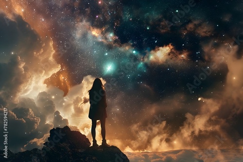 A woman stands on a rocky hill, looking up at the sky. The sky is filled with stars and clouds, creating a sense of wonder and awe. The woman's gaze is focused on the stars