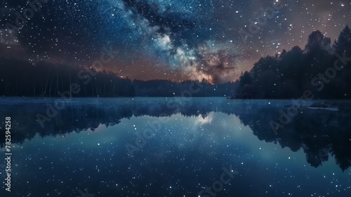 A crystal-clear lake reflecting the stars above creating a surreal mirror image AI generated illustration