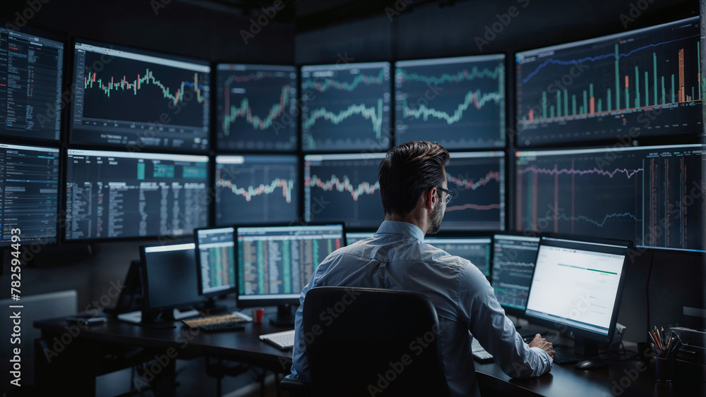 Data analyst with a wall of monitors full of kpis (finance, crypto, trading and data analysis concept) Data analyst with a wall of monitors full of kpis (finance, crypto, trading and data analysis concept)